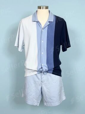 Men's Block Stripe Short-Sleeve Shirt - Light Blue / Navy Express -Jcrew shorts
